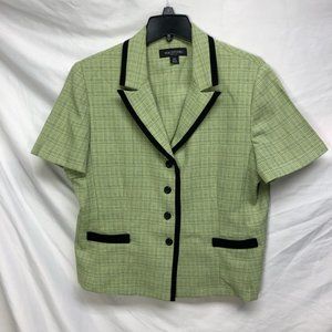 Perceptions Womens Suit Jacket Blazer Green Black Plaid Short Sleeve Petites 16P